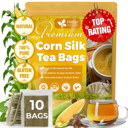 FreshDrinkUS, Premium 10 Tea Bags Corn Silk Tea, 100% Natural & Pure from Corn Silk. Herbal Tea. Clean Ingredients. Made with Natural Material Tea Bags. No Sugar, No Caffeine, Vegan.
