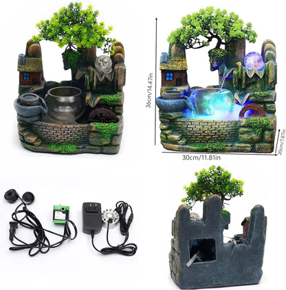 Mini Artificial Bonsai Tree Waterfall Fog Feature Rock Tabletop Fountain | 11in Desktop Decor Waterfall Fountain W/ Water Pump& Atomizer&LED Lights &Fake Tree Office Bedroom Relax