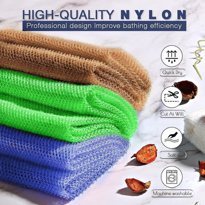 UJFQBH 3 Pieces African Bath Sponge African Net Long Net Bath Sponge Exfoliating Shower Body Scrubber Back Scrubber Skin Smoother,Great for Daily Use (Pink,Yellow,Purple)