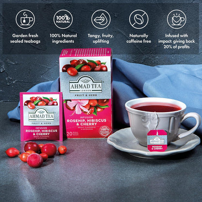 Ahmad Tea Rosehip & Cherry Infusion, 20-Count Tea Bags, Rosehip, Hibiscus & Cherry , 1.4 Oz, (Pack of 6)