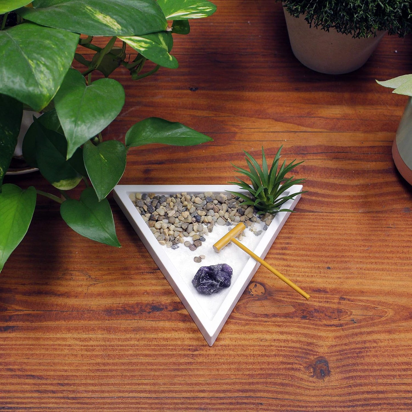 Nature's Mark Mini Zen Garden Kit for Desk with White Sand, Rake, White Base, Salt Rock and Air Plant (Round)