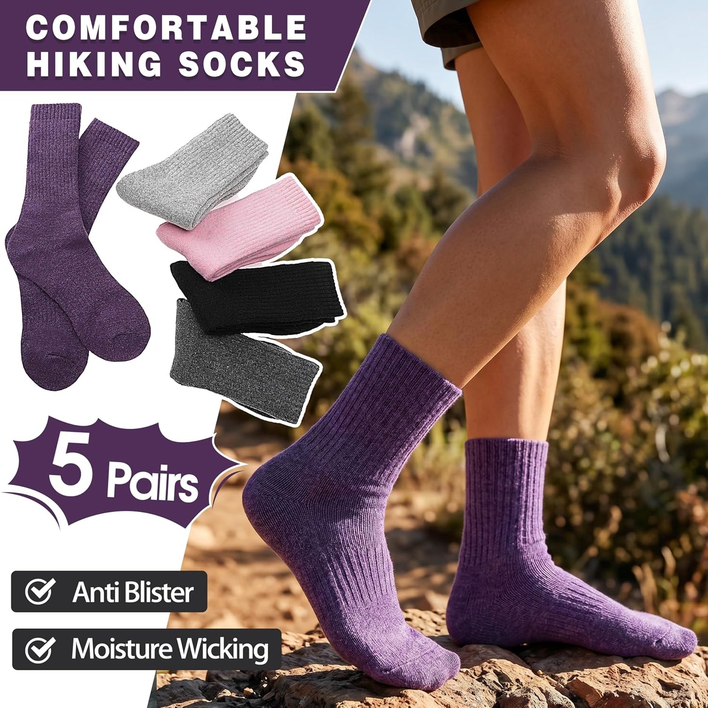 MOGGEI 5 Pairs Womens Merino Wool Socks Hiking Warm Winter Thick Thermal Crew Cozy Cabin Ladies Gift Comfy Boot Work Socks