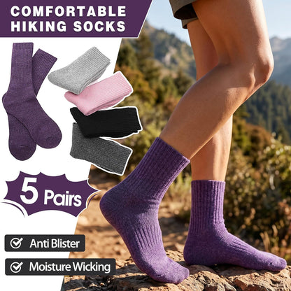 MOGGEI 5 Pairs Womens Merino Wool Socks Hiking Warm Winter Thick Thermal Crew Cozy Cabin Ladies Gift Comfy Boot Work Socks