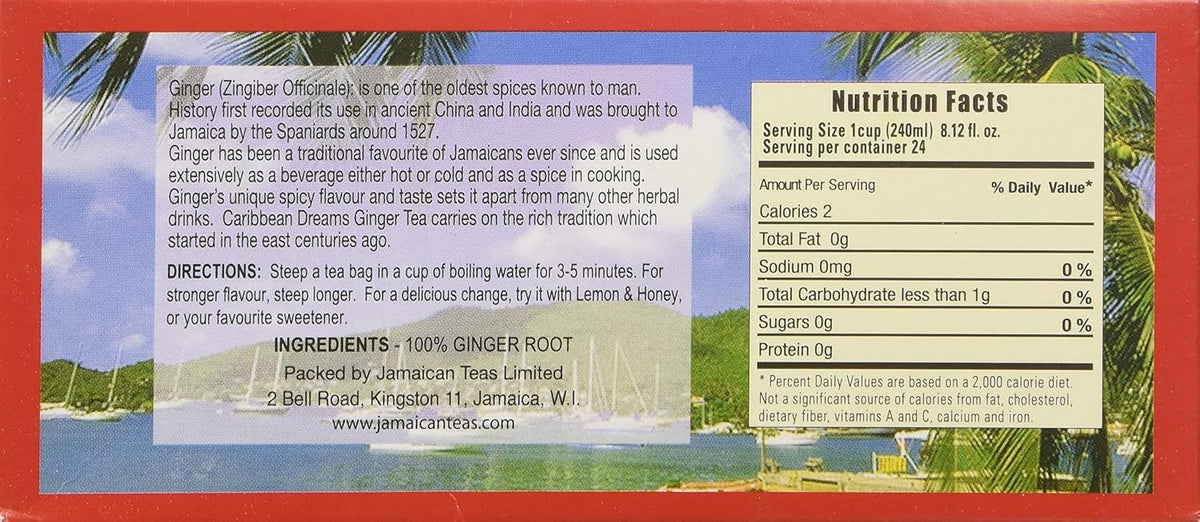 Caribbean Dreams Ginger Tea, 24 Tea Bags, Herbal, Natural, Caffeine Free Ginger Tea From Jamaica