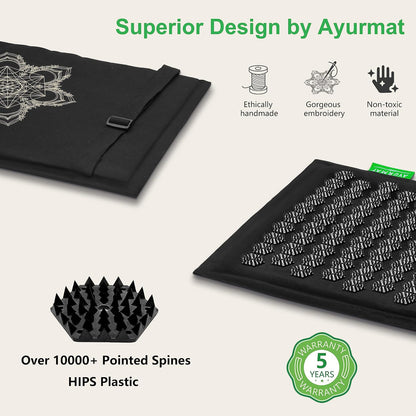 Acupressure Mat and Pillow Set - Full Body Pro Kit for Stress Relief, Muscle Relaxation & Pain Relief - Natural Eco-Friendly Linen & Coconut Fiber Mat - Includes Carrying Bag (Black)