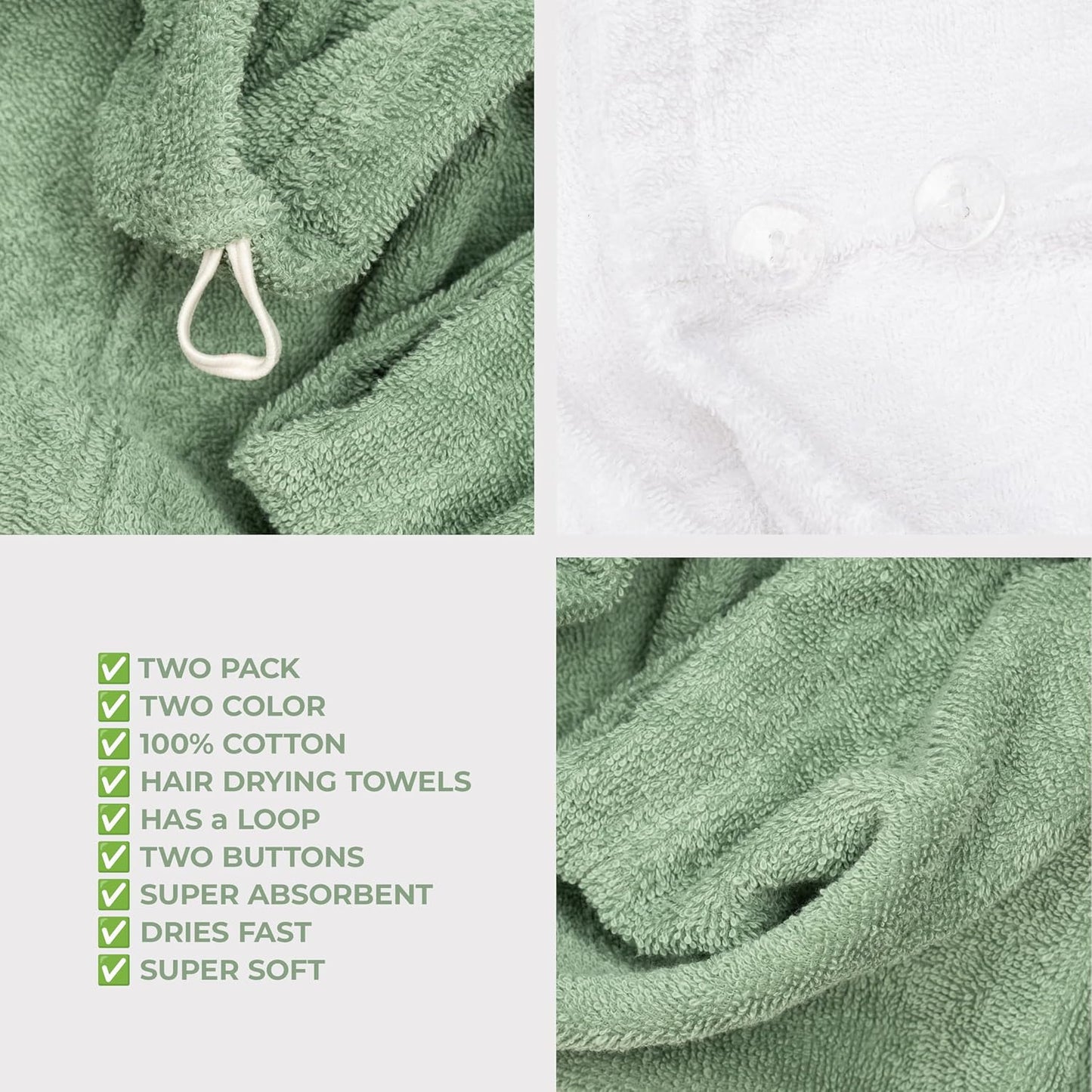 American Soft Linen 100% Cotton Hair Towels for Women, Head Towel Cap, Cotton Hair Turban Towel Wrap for Long Curly Anti Frizz Hair, Soft and Absorbent Cotton Hair Towels 2 Pack, White