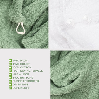 American Soft Linen 100% Cotton Hair Towels for Women, Head Towel Cap, Cotton Hair Turban Towel Wrap for Long Curly Anti Frizz Hair, Soft and Absorbent Cotton Hair Towels 2 Pack, White
