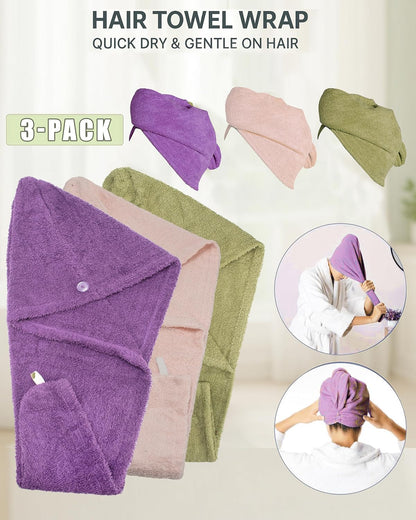 Textila 100% Cotton Hair Wrap Towels for Women (Pack of 2, Raspberry & Green) – Soft & Absorbent Turban Towels for Long, Curly, Frizz-Prone Hair