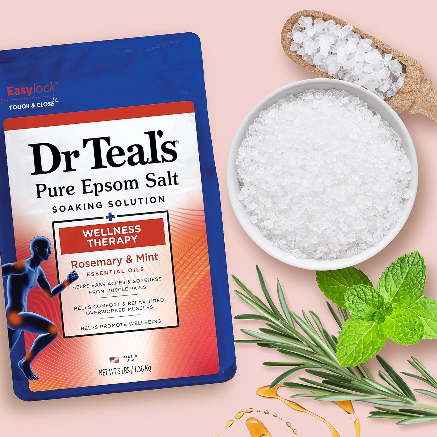 Dr Teal's Epsom Salt Magnesium Soak, Wellness Therapy with Rosemary & Mint, 3 lbs