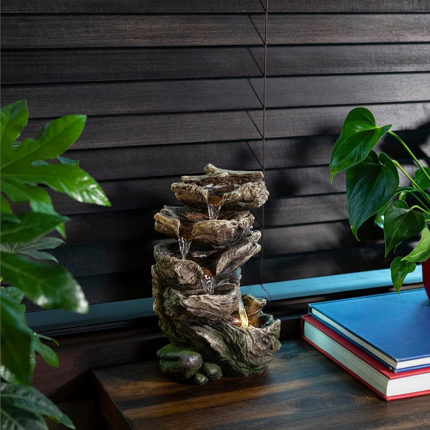 Alpine Corporation | 14"H Indoor Tiered Log Tabletop Fountain with LED Lights — Cascading Waterfall Design Creates Relaxing Ambiance for Home & Office Décor