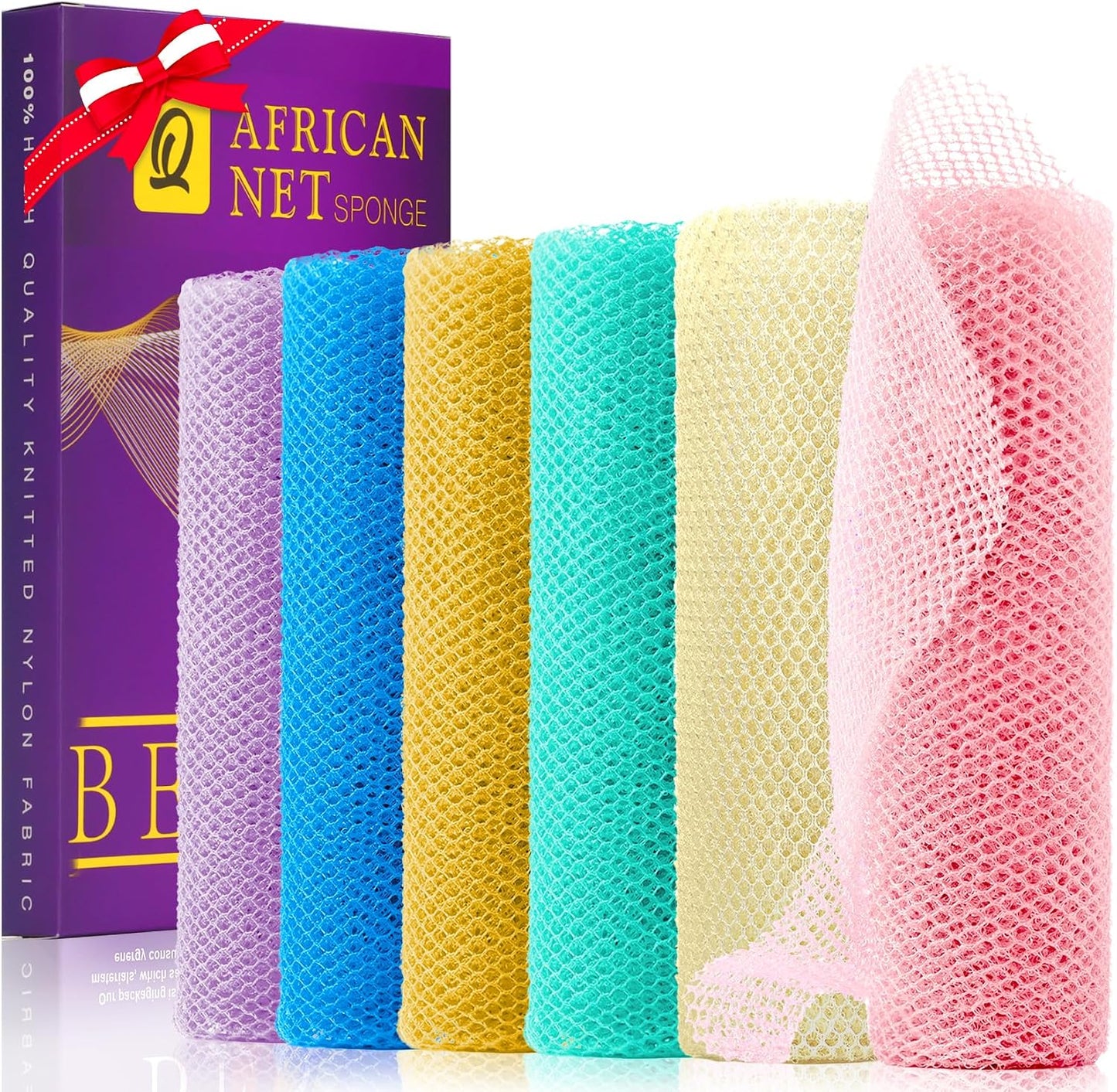 UJFQBH 3 Pieces African Bath Sponge African Net Long Net Bath Sponge Exfoliating Shower Body Scrubber Back Scrubber Skin Smoother,Great for Daily Use (Pink,Yellow,Purple)
