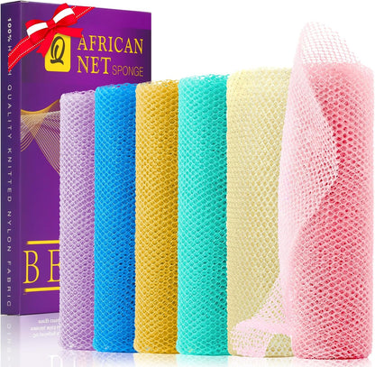 UJFQBH 3 Pieces African Bath Sponge African Net Long Net Bath Sponge Exfoliating Shower Body Scrubber Back Scrubber Skin Smoother,Great for Daily Use (Pink,Yellow,Purple)