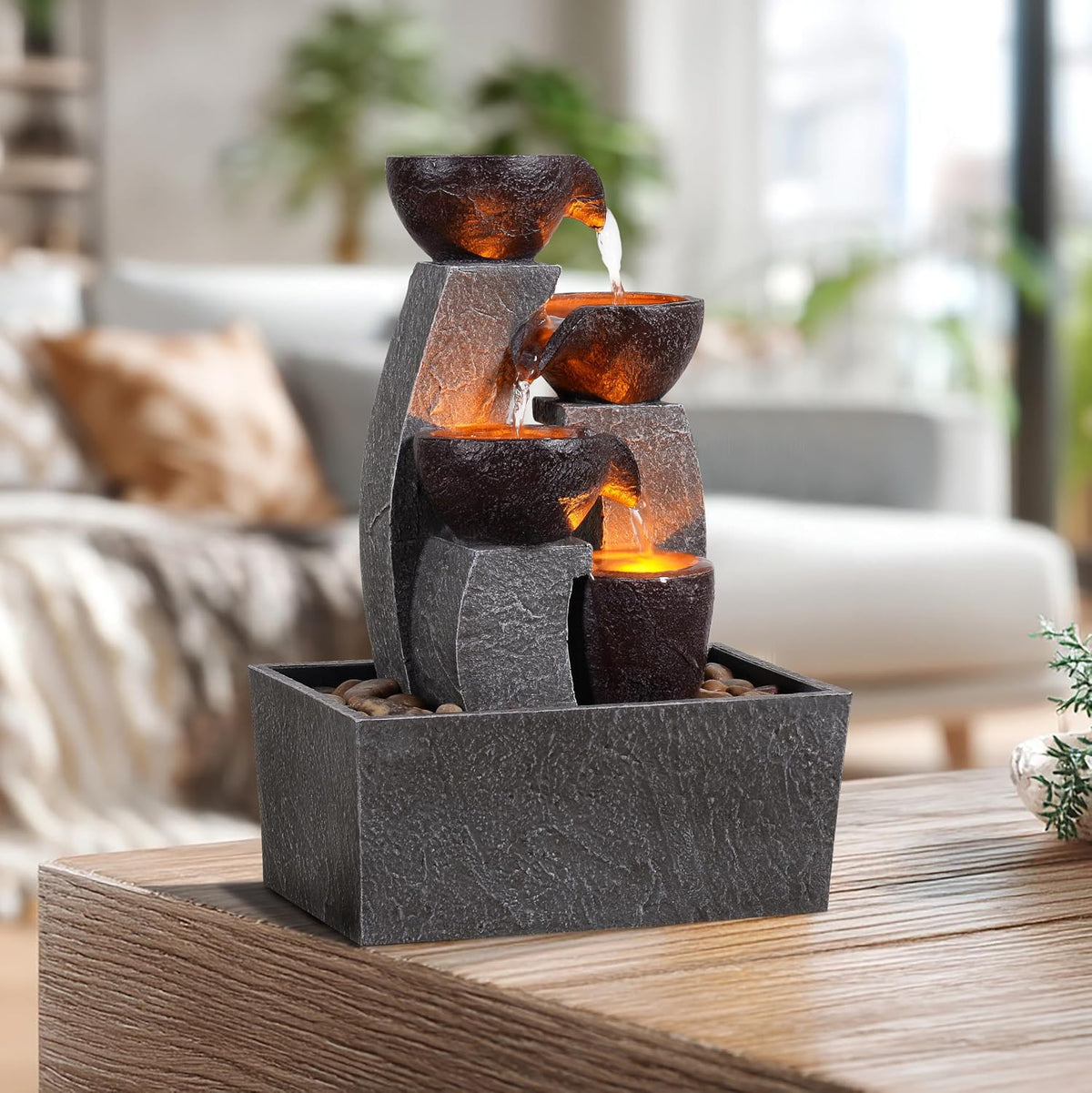 GOSSI Tabletop Water Fountain with LED Lights, Indoor Waterfall Fountain with Cascading Bowls and Pebbles, Small Desk Fountain for Home Office Decor