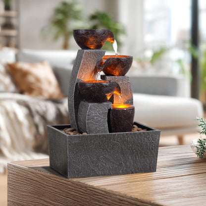 GOSSI Tabletop Water Fountain with LED Lights, Indoor Waterfall Fountain with Cascading Bowls and Pebbles, Small Desk Fountain for Home Office Decor