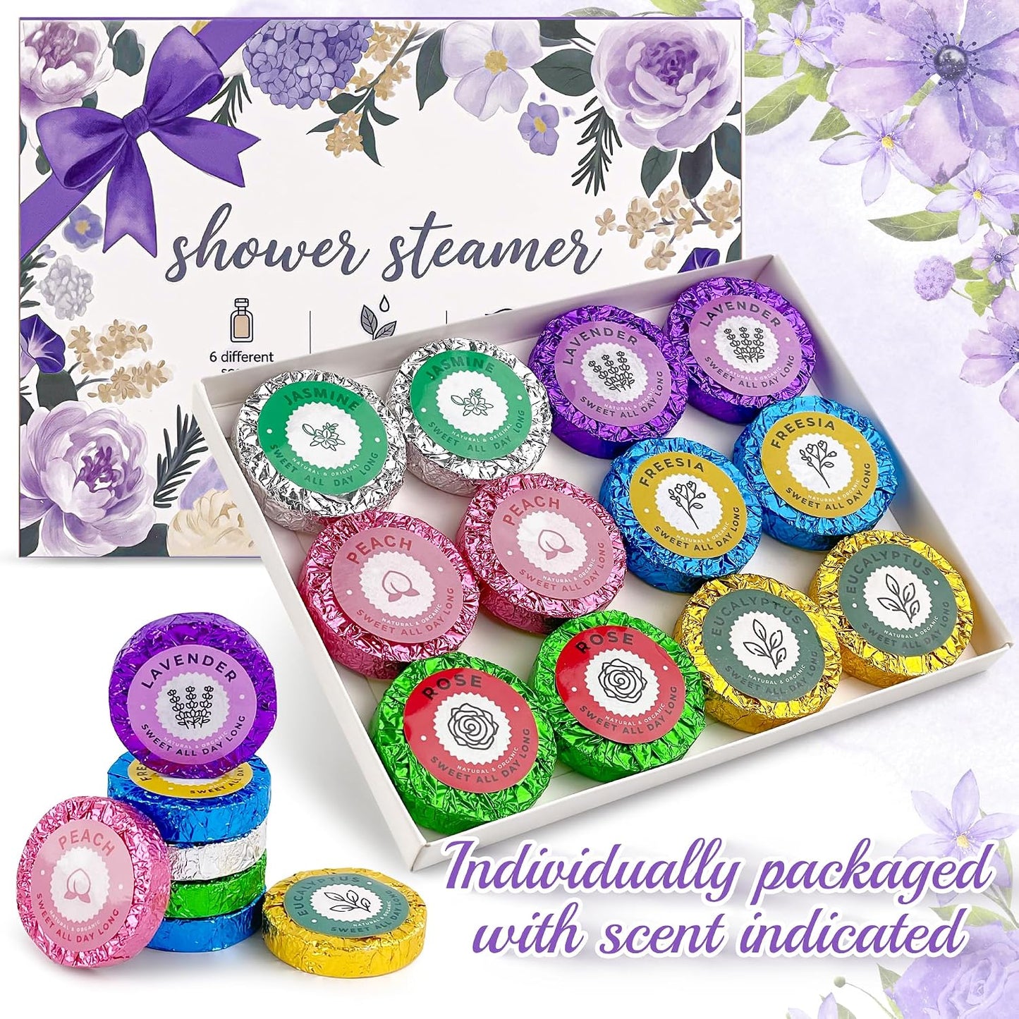 48pcs Aromatherapy Shower Steamers - Relaxation Birthday Christmas Set for Women and Men, Shower Bombs Tablets for Stress Relief and Self Care, Luxury Home Spa