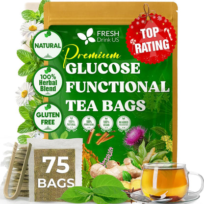 FreshDrinkUS, Premium 75 Tea Bags Glucose Functional Tea – Herbal Blend with Gymnema, Cinnamon, Bitter Melon, Tulsi & More –– Caffeine-Free. Sugar-Free. Gluten-Free. Vegan