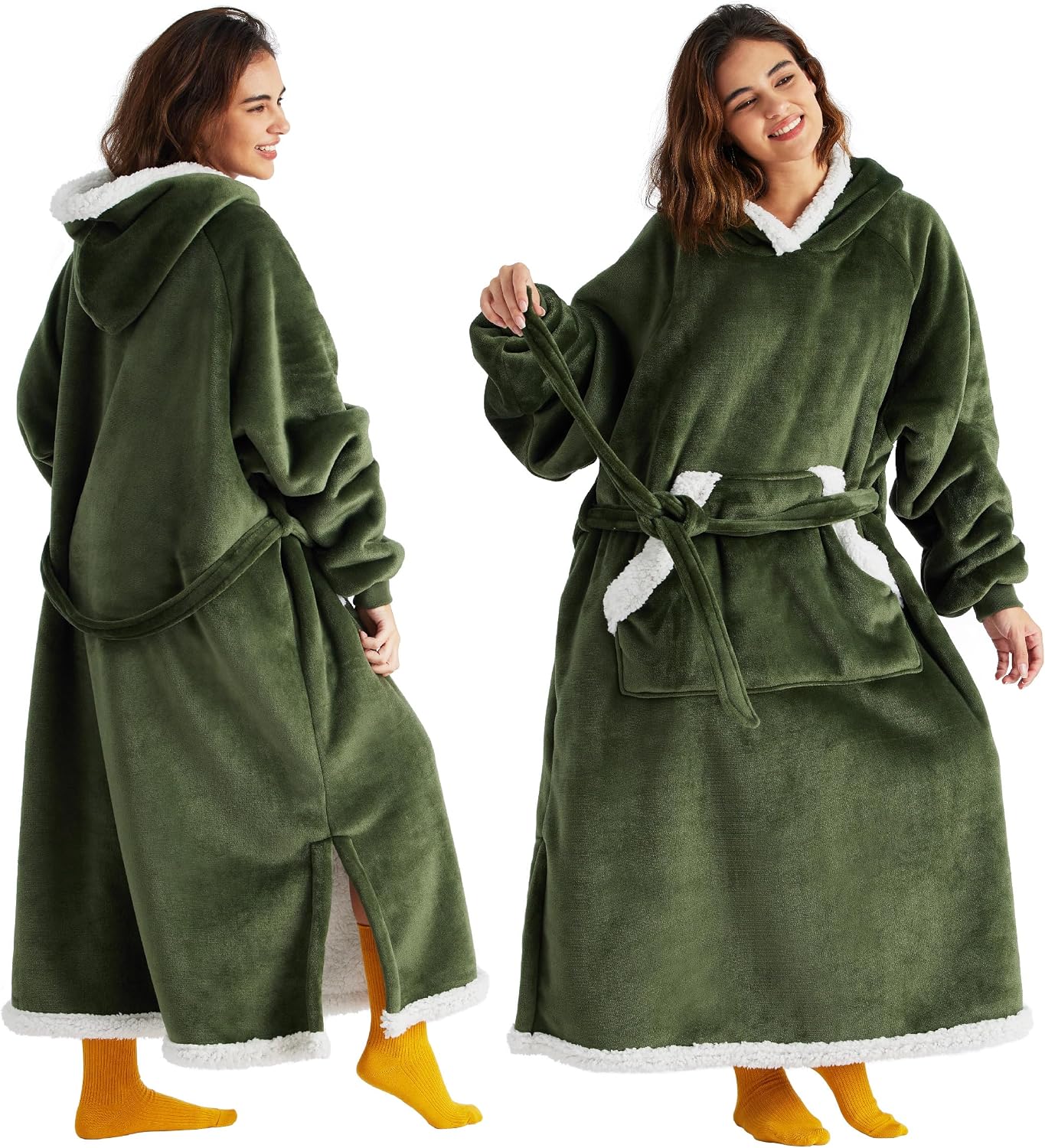 Bedsure Wearable Blanket Hoodie, Long Hooded Blanket Sweatshirt as Mothers Birthday Gifts for Women, Cozy Sherpa Hoodie for Adult, Standard, Grey