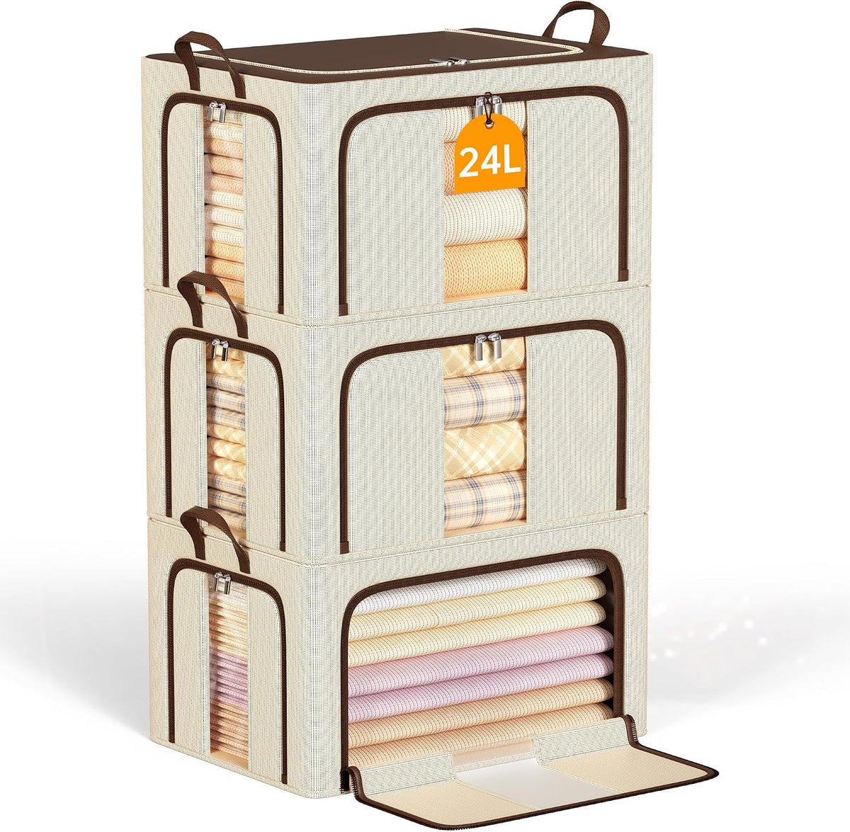 Clothes Storage Bins with Metal Frame Foldable Storage Box Clothes Organizers Storage Containers for Clothes Sheets Blankets Books Toys Gifts and Holiday Decorations (66Lx3 Pack)