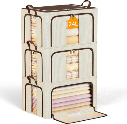 Clothes Storage Bins with Metal Frame Foldable Storage Box Clothes Organizers Storage Containers for Clothes Sheets Blankets Books Toys Gifts and Holiday Decorations (66Lx3 Pack)