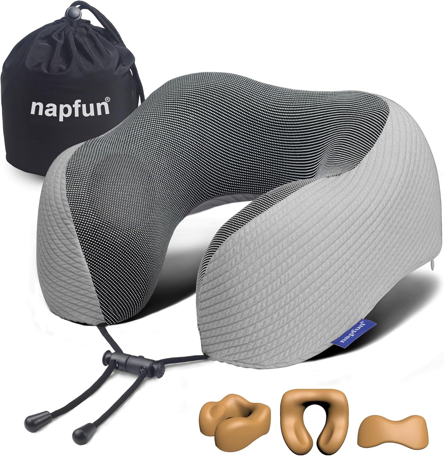napfun Neck Pillow for Traveling, Upgraded Travel Neck Pillow for Airplane 100% Pure Memory Foam Travel Pillow for Flight Headrest Sleep, Portable Plane Accessories, Light Grey