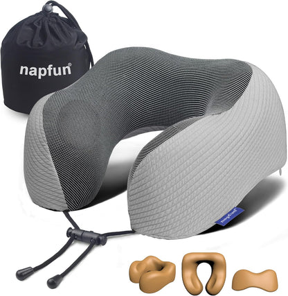 napfun Neck Pillow for Traveling, Upgraded Travel Neck Pillow for Airplane 100% Pure Memory Foam Travel Pillow for Flight Headrest Sleep, Portable Plane Accessories, Light Grey
