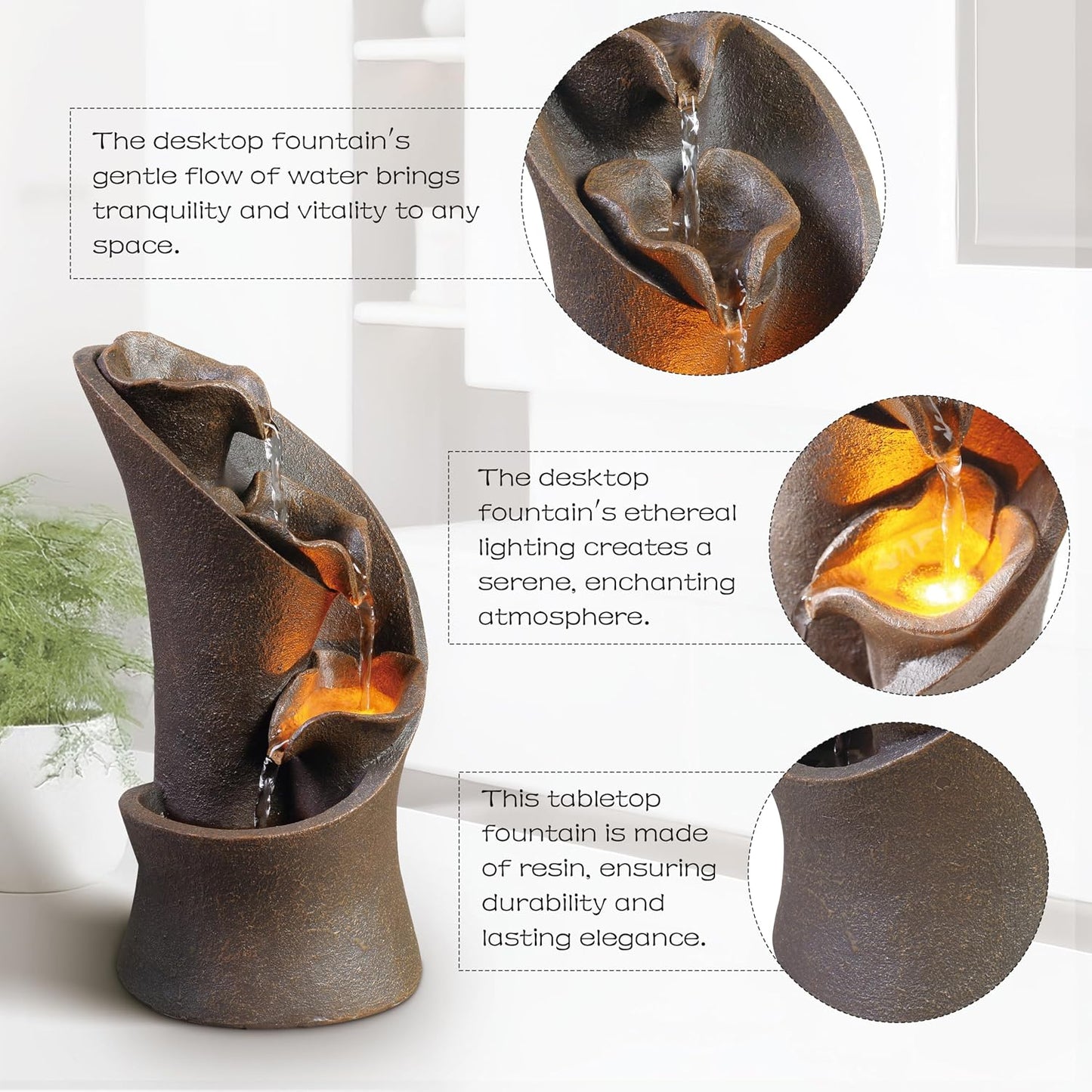 Kalona Tabletop Waterfall Fountain Rockery Fountains Soothing Sound Tabletop Fountains Home/Office Decor with a Small Plastic Pot to Grow The Plant by Yourself(Automatic Watering)(22020)