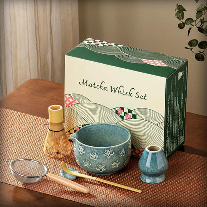 Matcha Whisk Set, Ceramic Matcha Set, 6 Pcs Matcha Kit Includes Matcha Bowl, Matcha Whisk with Holder, Bamboo Scoop, Scoop Rest, Sifter, Ceremonial Matcha Tea Set, Perfect Gifts, Blue