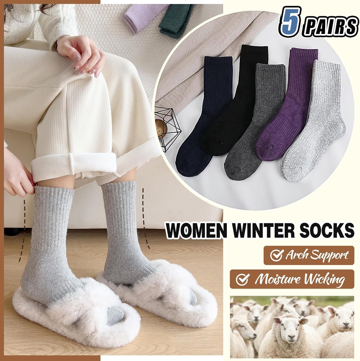EBMORE 5 Pairs Women Merino Wool Boot Socks Warm Thermal Winter Thick Hiking Cozy Cabin Crew Comfy Socks for Ladies