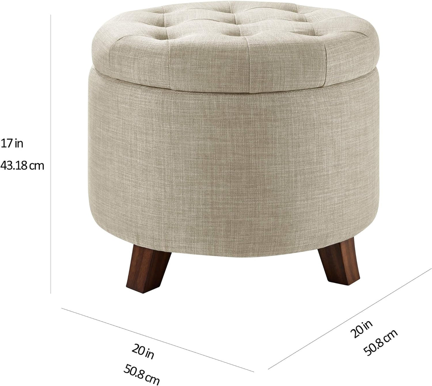 Amazon Basics Round Storage Ottoman Foot Rest, Button Tufted Upholstered Footstool with Storage, Sturdy Linen Fabric for Living Room and Bedroom, 20" x 17", Beige