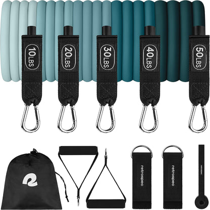 Retrospec Train Resistance Bands Set for Working Out - 5 Stackable Bands, Handles & Door Anchor - Portable Fitness Equipment for Physical Therapy & Yoga Includes Carry Bag