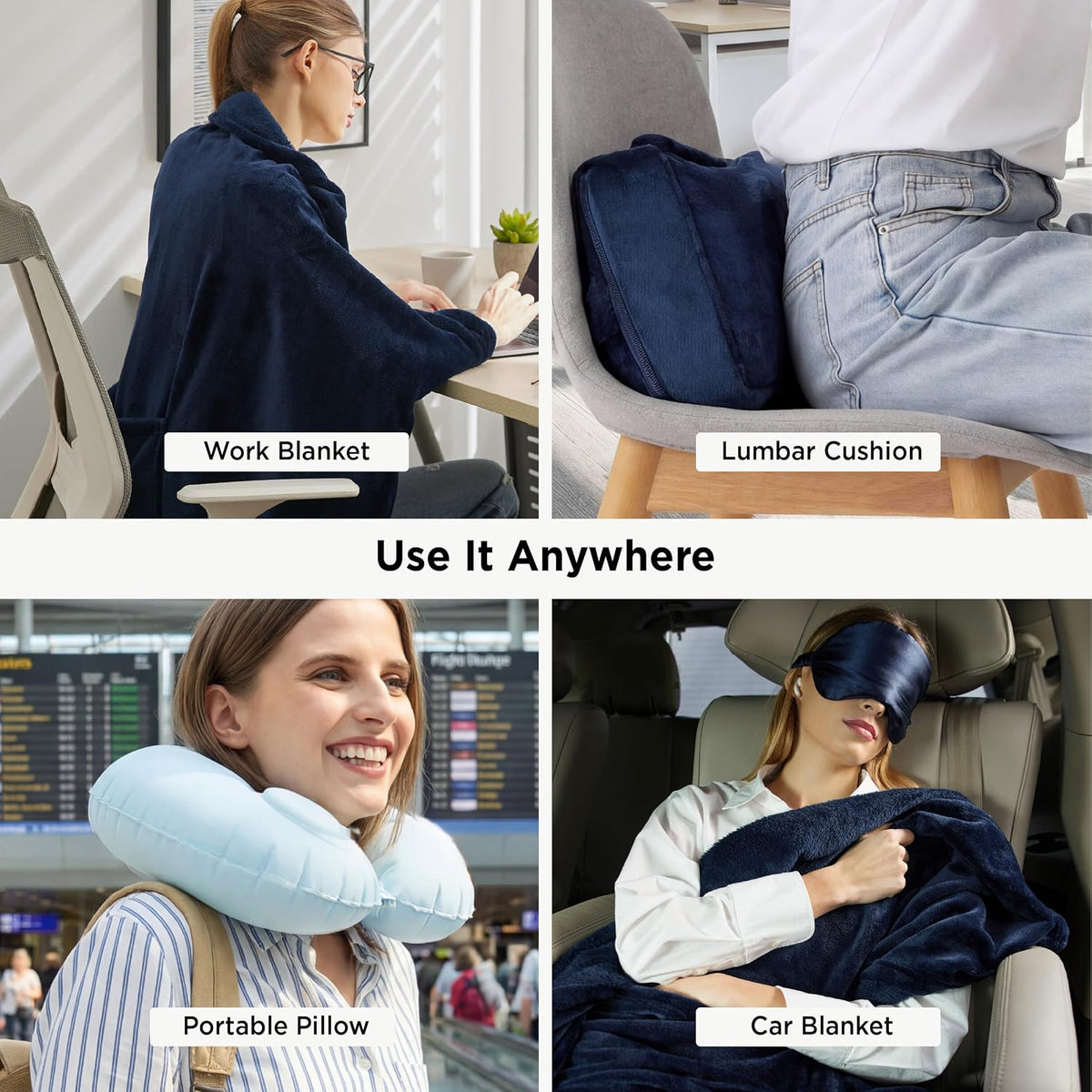 Bedsure Travel Blanket Set with Inflatable Neck Pillow and Eye Mask, Grey