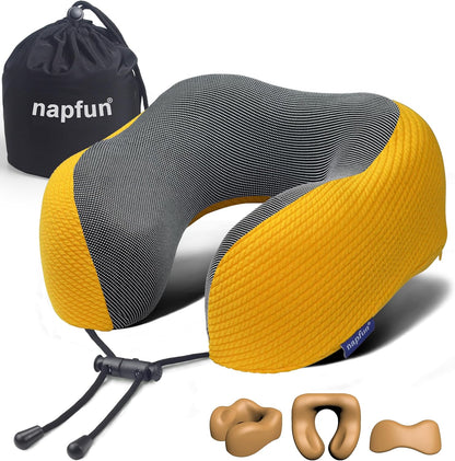 napfun Neck Pillow for Traveling, Upgraded Travel Neck Pillow for Airplane 100% Pure Memory Foam Travel Pillow for Flight Headrest Sleep, Portable Plane Accessories, Light Grey