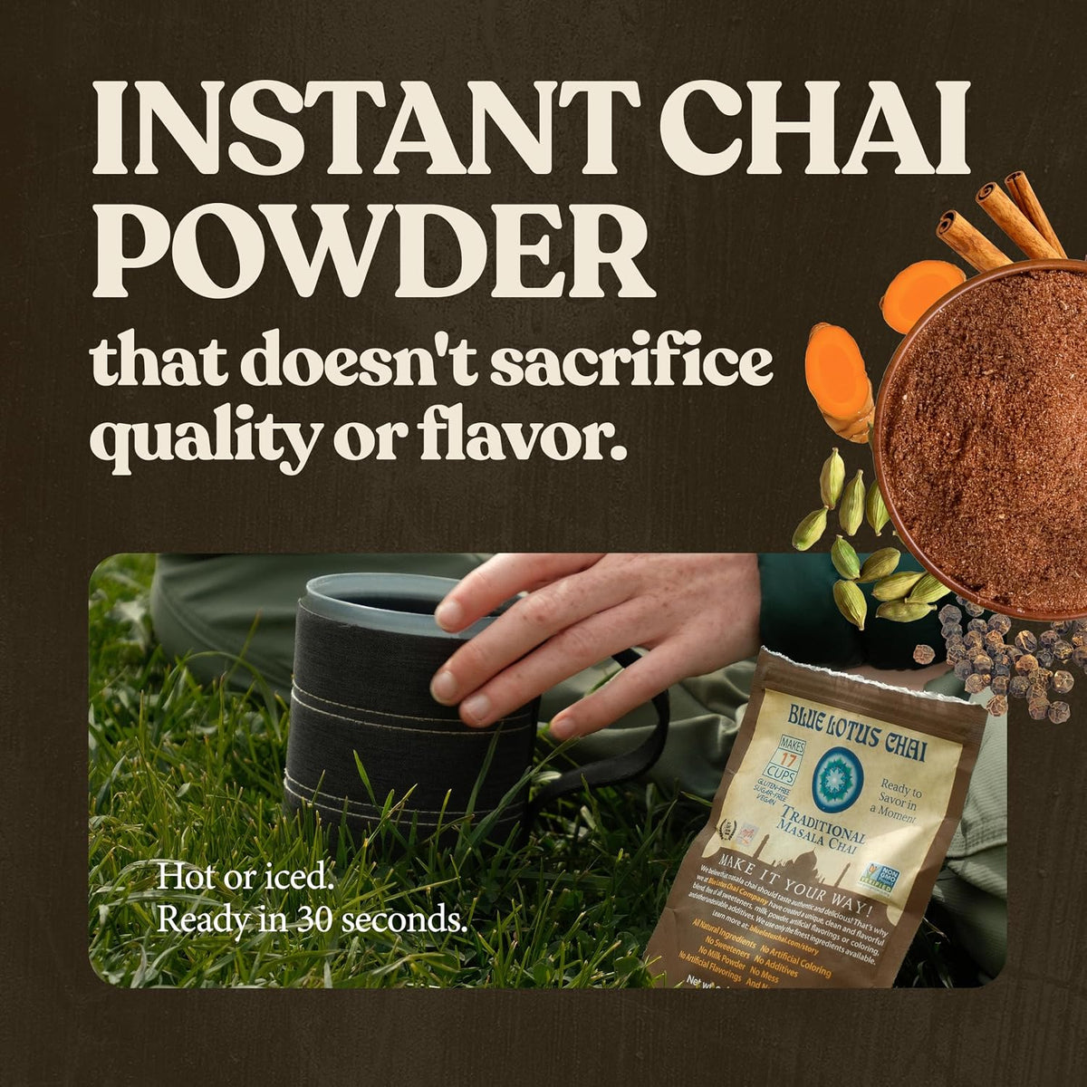 Blue Lotus Chai - Traditional Masala Chai - Makes 100 Cups - 3 Ounce Masala Spiced Chai Powder with Organic Spices - Instant Indian Tea No Steeping - No Gluten