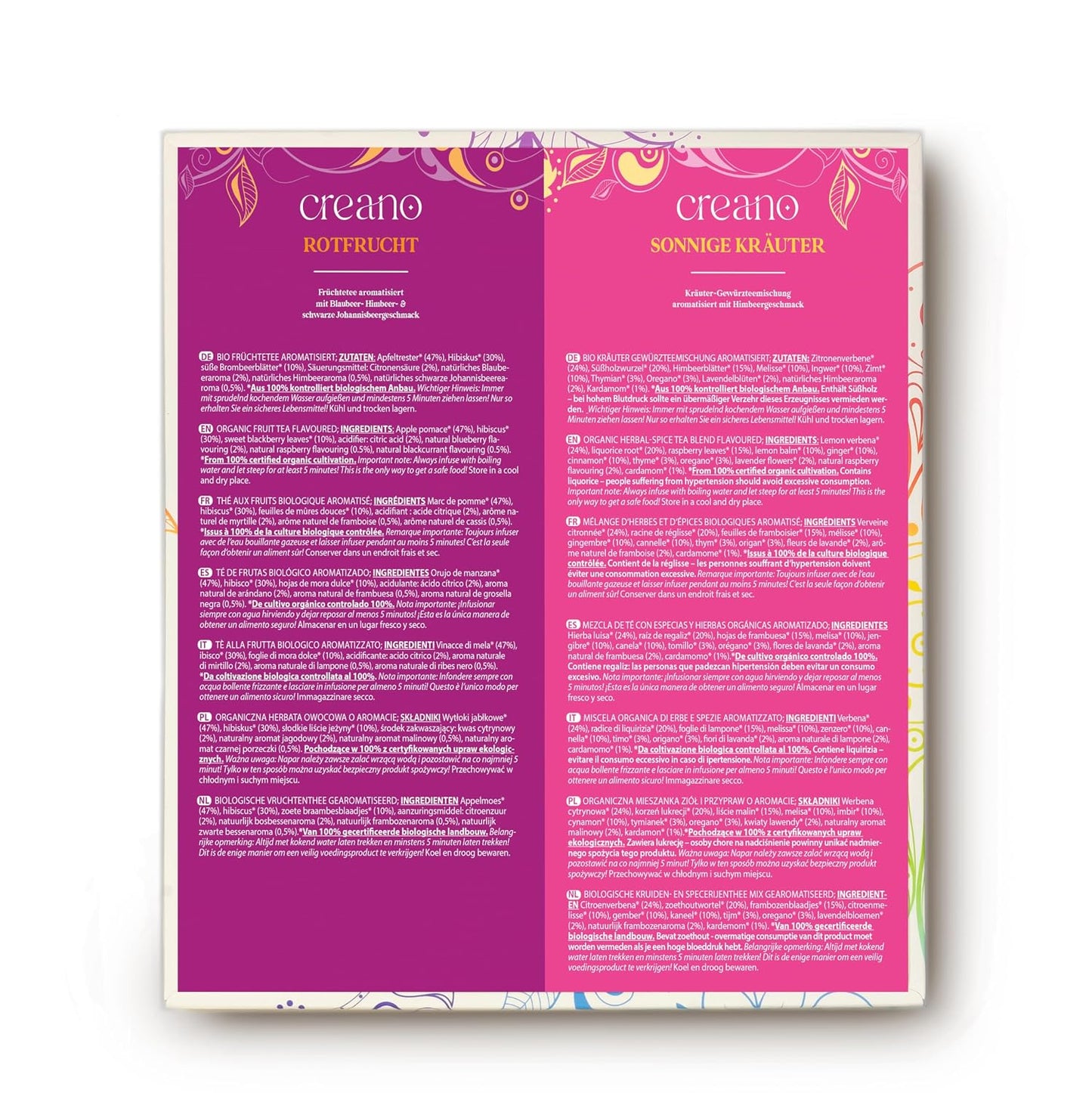 Creano Organic Herbal Tea Sampler Gift Set - Tea Gift Box - 27 Organic Tea Bags in 9 Different Varieties 54 g