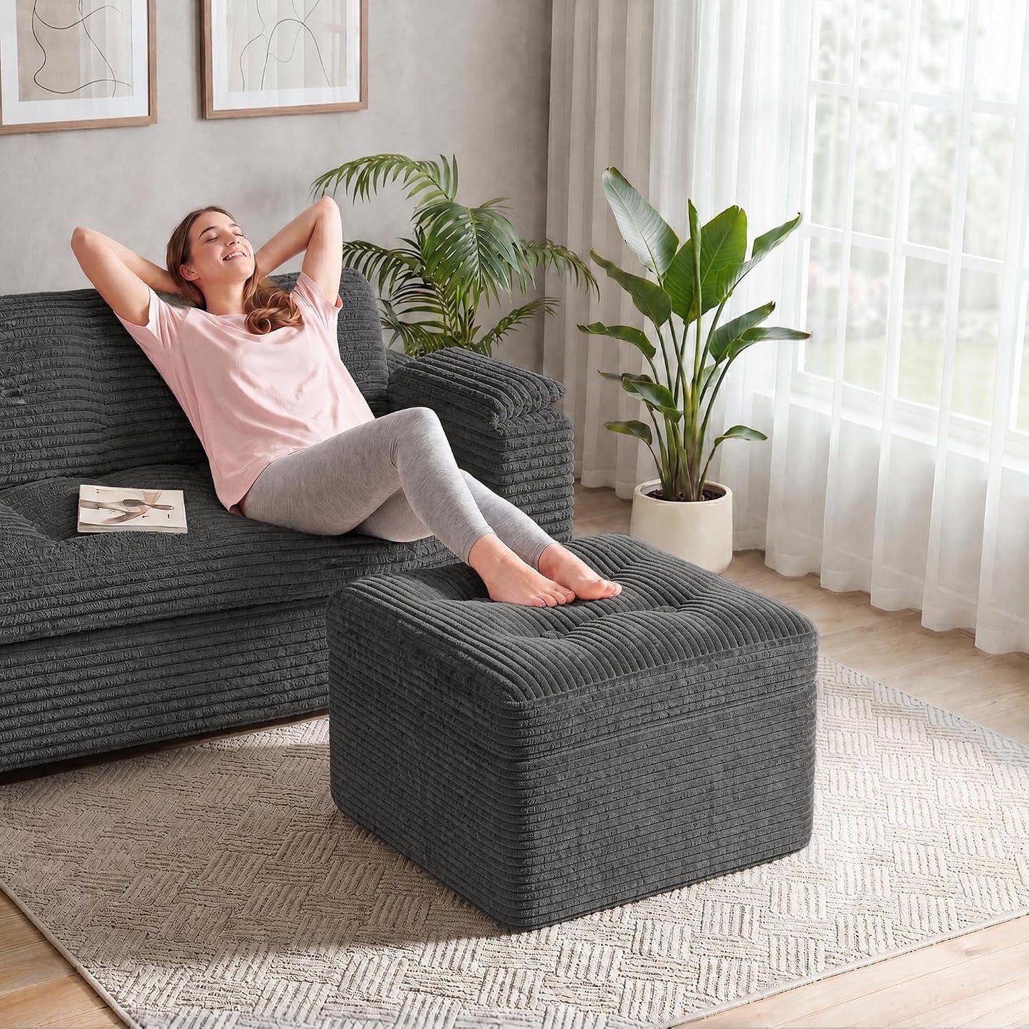 23.6in Pouf Ottoman, Corduroy Ottoman Foot Rest with Dual‑Layer Support, Large Plush Pouf with Soft Chunk‑Foam Top & Firm Foam Base, Floor Foot Stool for Living Room, Beige