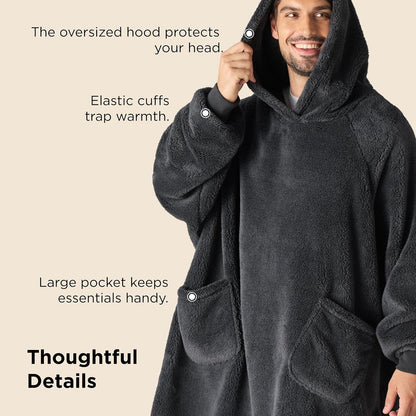 Bedsure Wearable Blanket Hoodies, Blanket Hoodie as Mothers Day Birthday Gifts for Mom Women, Warm Cozy Soft Sweatshirt Hooded Blankets for Women Men Adults, Grey, Standard