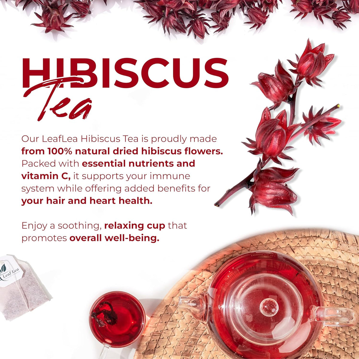 LeafLea Hibiscus Tea Bags, 100% Natural Flower, 160 Count