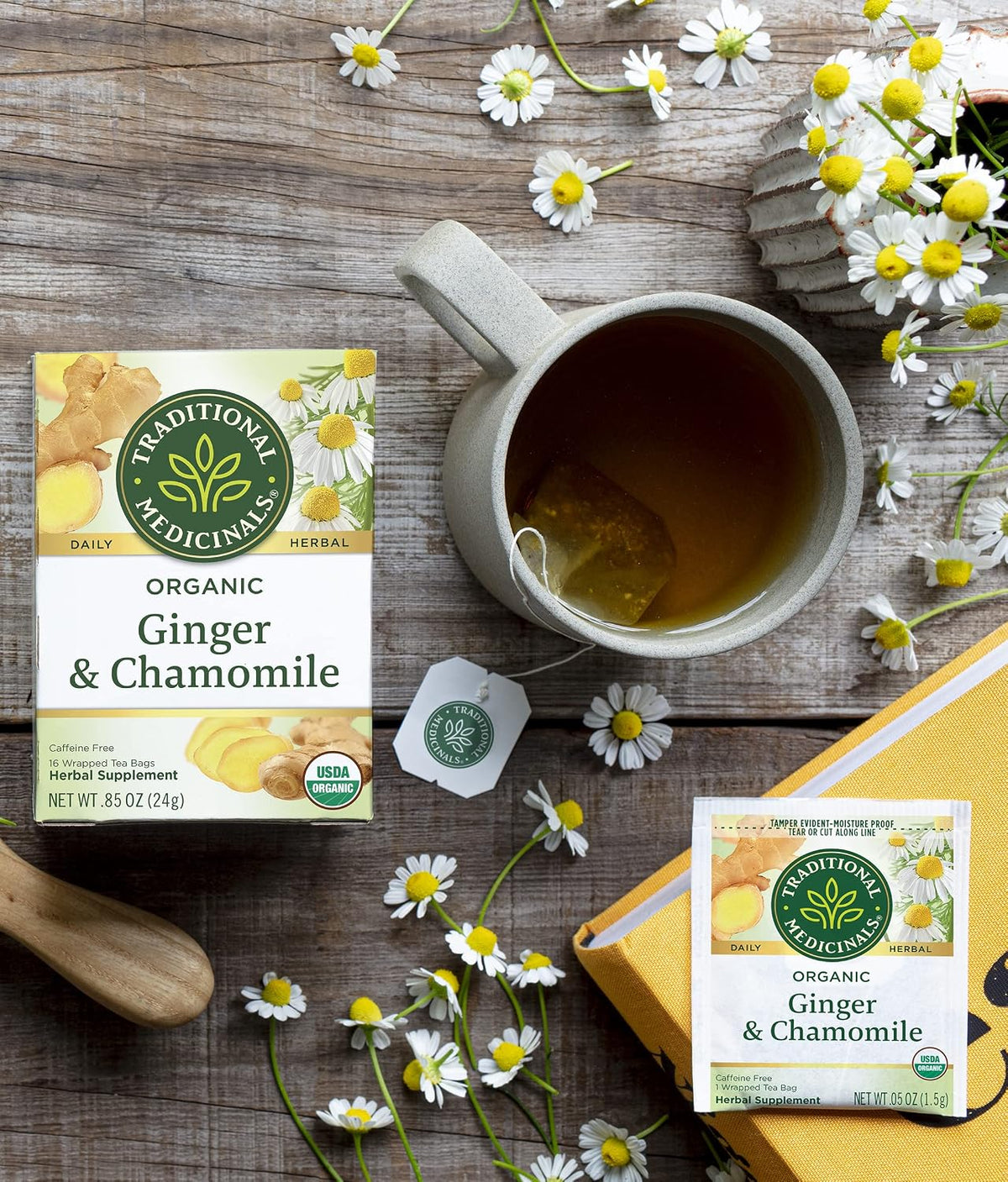 Traditional Medicinals Organic Ginger & Chamomile Herbal Tea, Relieves Occasional Indigestion or Nausea, (Pack of 3) - 48 Tea Bags Total