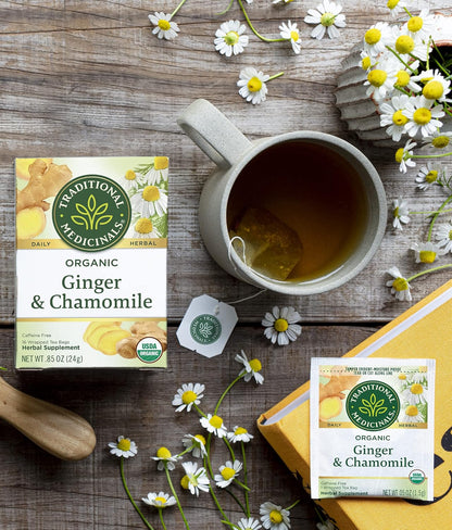 Traditional Medicinals Organic Ginger & Chamomile Herbal Tea, Relieves Occasional Indigestion or Nausea, (Pack of 3) - 48 Tea Bags Total