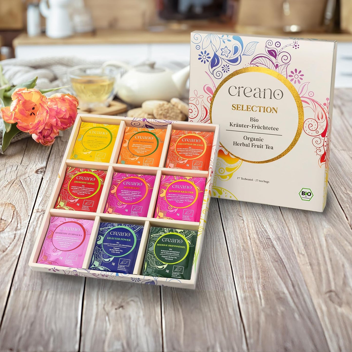 Creano Organic Herbal Tea Sampler Gift Set - Tea Gift Box - 27 Organic Tea Bags in 9 Different Varieties 54 g