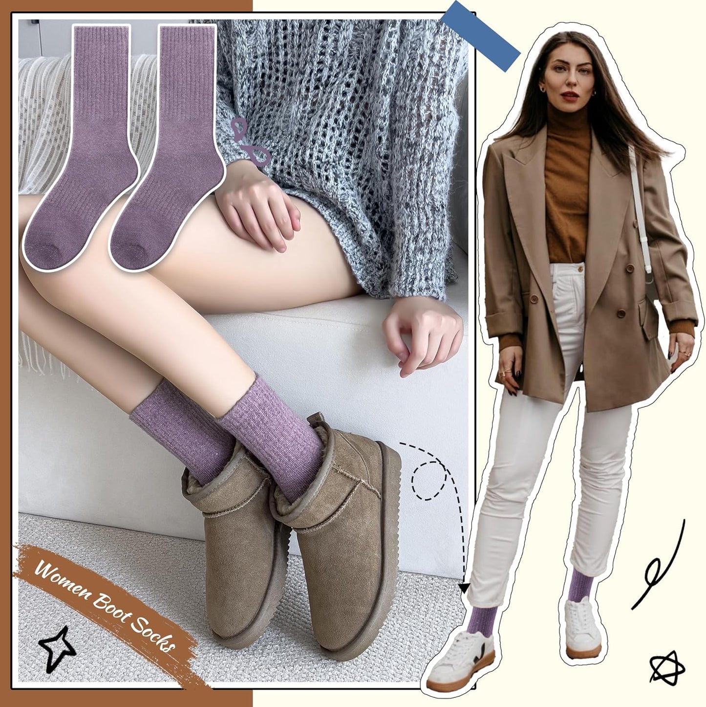 EBMORE Merino Wool Socks for Women Hiking Thermal Warm Winter Thick Boot Cozy Crew Comfy Work Socks for Ladies 5 Pairs