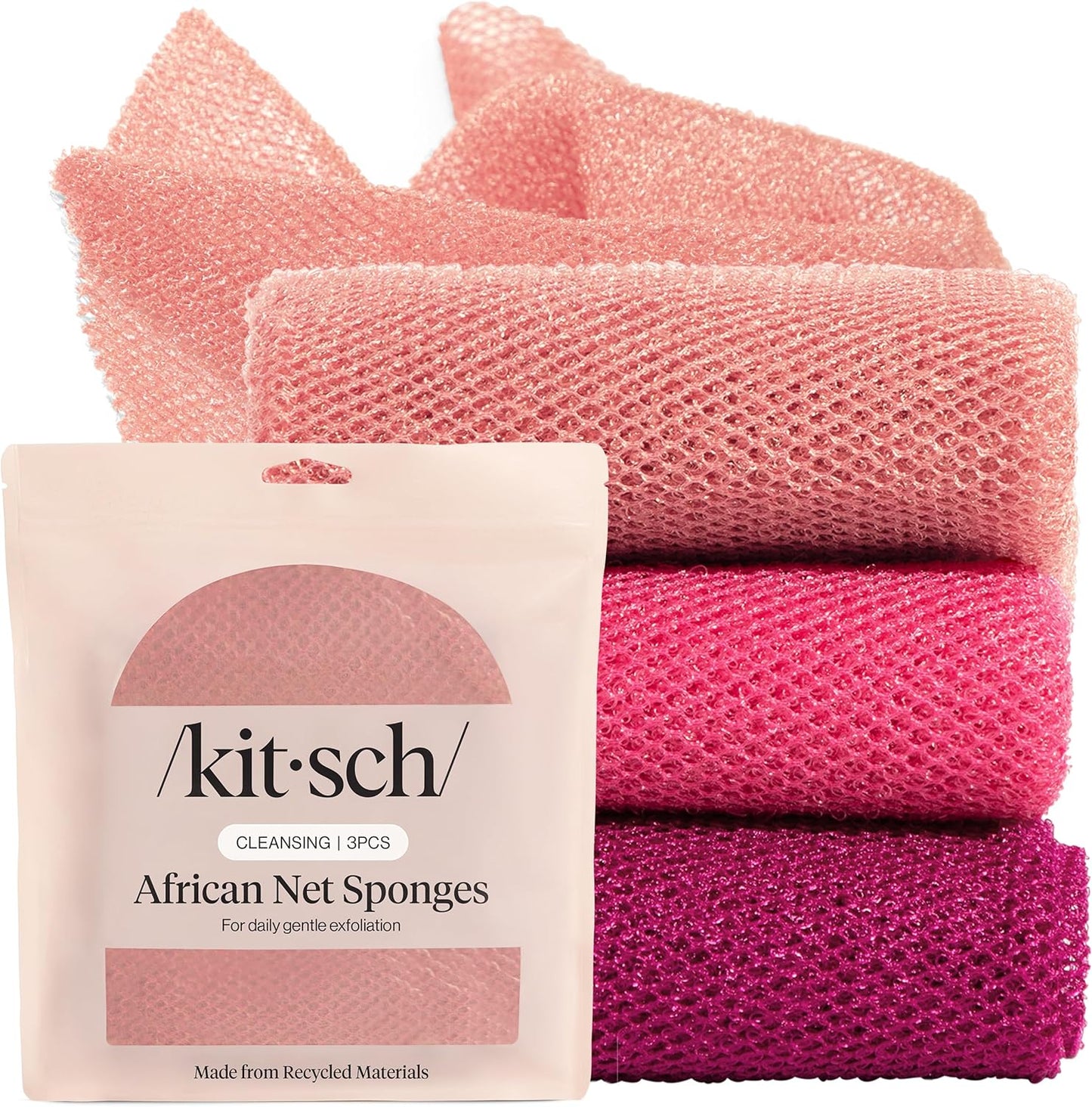 Kitsch African Net Sponge – Exfoliating Body Scrubber for Cleansing & Gentle Daily Exfoliation – Stretchable Bath Sponge for Hard-to-Reach Areas, Long-Lasting Shower Essential - Aqua Grey, 3 Pcs