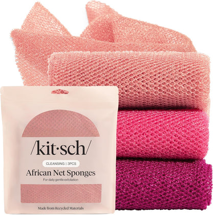 Kitsch African Net Sponge – Exfoliating Body Scrubber for Cleansing & Gentle Daily Exfoliation – Stretchable Bath Sponge for Hard-to-Reach Areas, Long-Lasting Shower Essential - Aqua Grey, 3 Pcs
