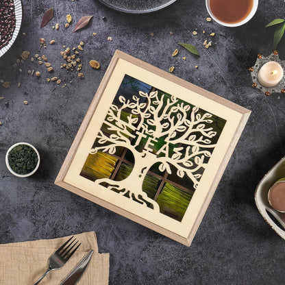 Wood Tea Box Organizer,Tea Organizers and Storage with Tree Pattern,Tea Bag Holder,Decorative Tea Storage Organizer Box,9 Compartments Tea Organizer for Tea Bags Coffee