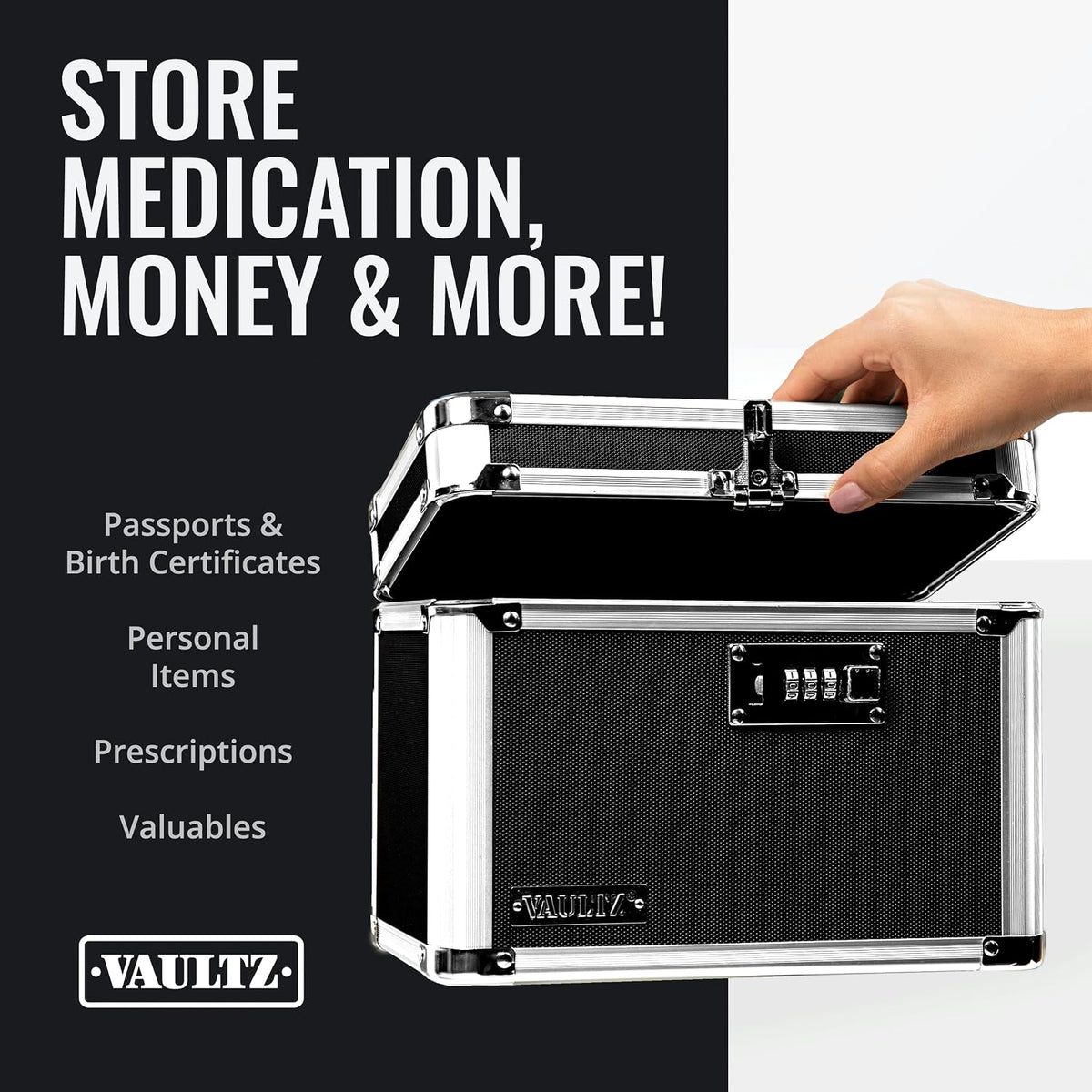 Vaultz Secure Security Lock Boxes - Safe Combination Lock Box, Storage for Documents, Valuables, Medicine & Money - 9.88 x 7.75 x 7 Inch - Black/Chrome