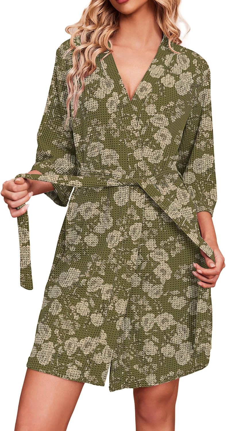 Ekouaer Robes for Women Waffle Knit Bathrobe Soft Lightweight Knee Length Loungewear S-XXL