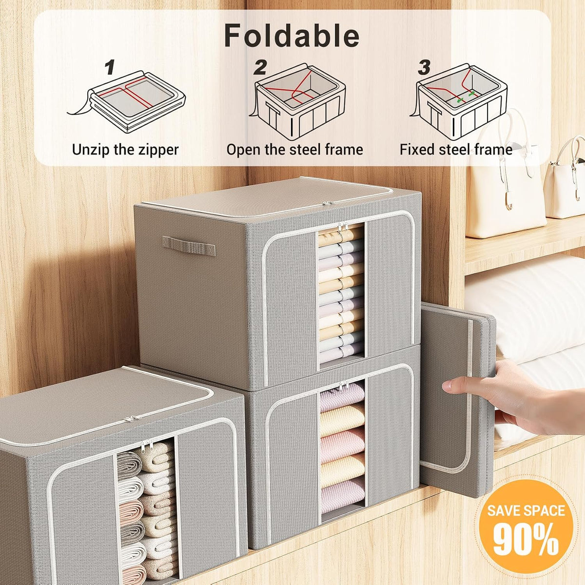 Clothes Storage Bins with Metal Frame Foldable Storage Box Clothes Organizers Storage Containers for Clothes Sheets Blankets Books Toys Gifts and Holiday Decorations (66Lx3 Pack)