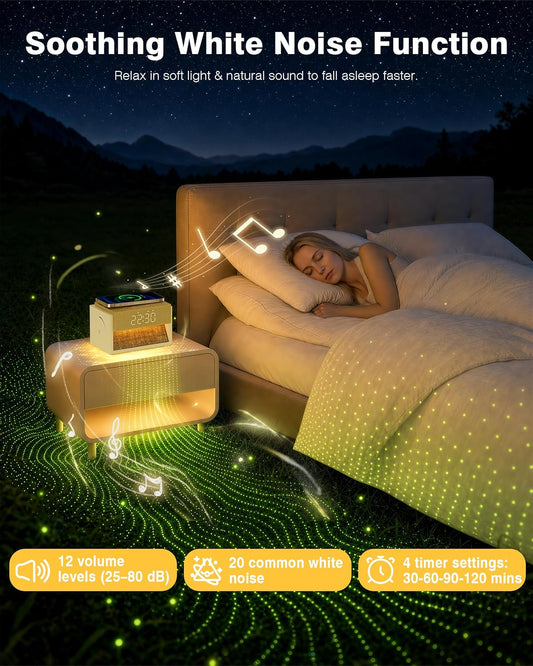 Sunrise Alarm Clock with Wireless Charger, White Noise Sound Machine with 20 Soothing Sounds, Wake Up Light Sunlight Simulator, Bedroom Desk Clock for Heavy Sleepers Kids Adults