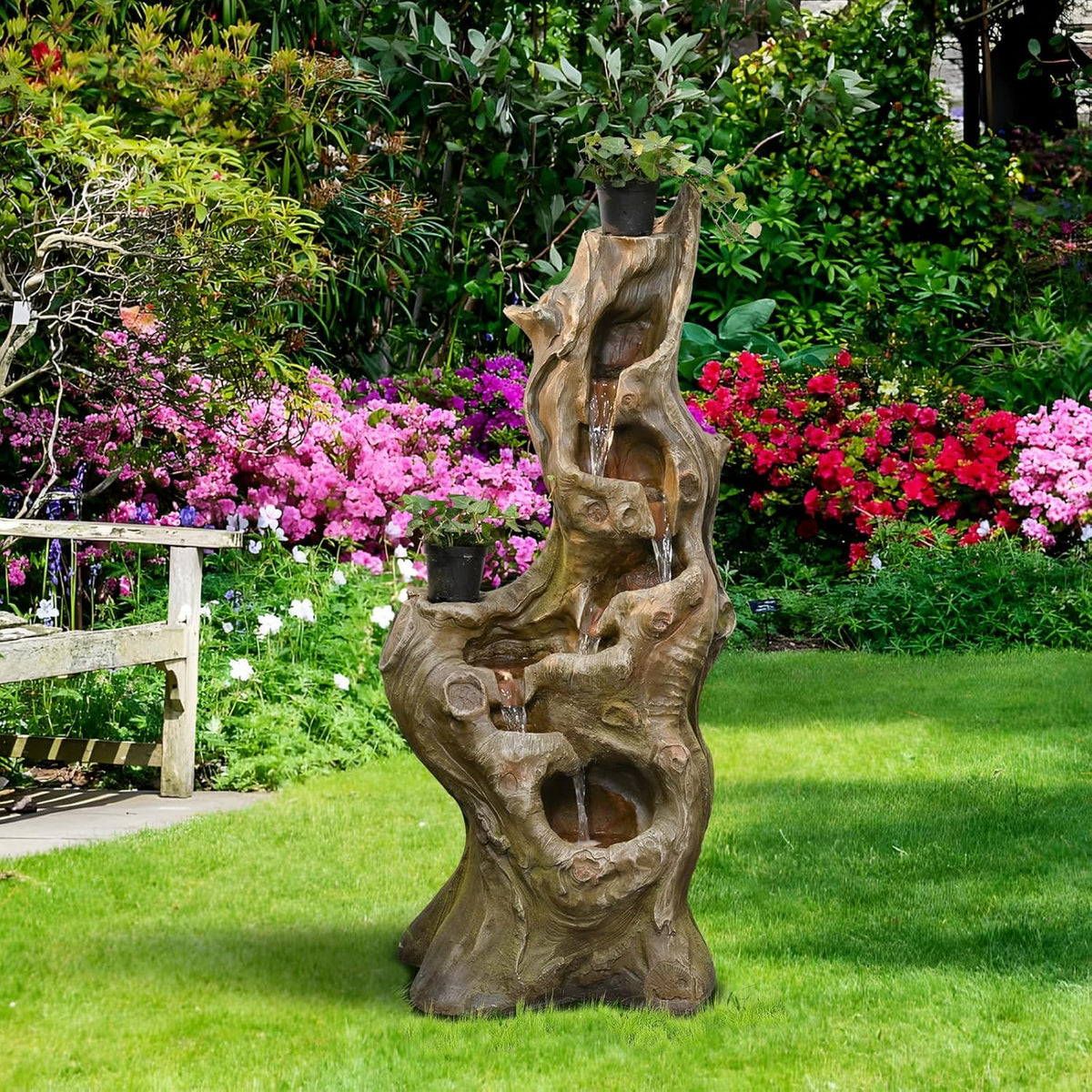 Sunlinua Water Fountain Outdoor, 5-Tier Cascading Realistic Tree Waterfall