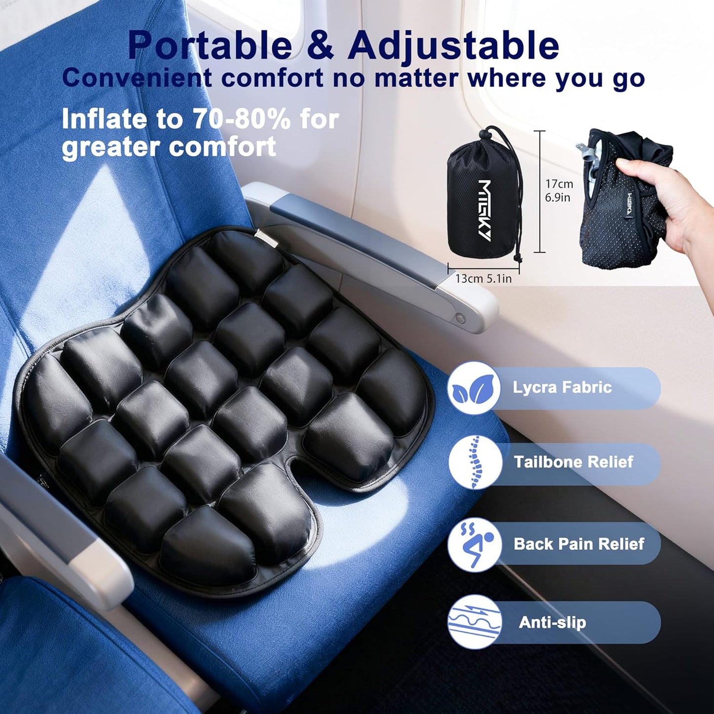 Travel Cushion for Airplane,Portable&Adjustable Air Seat Cushion,Inflatable Cushion for Travel,Coccyx Tailbone Pain Relief Chair Pad